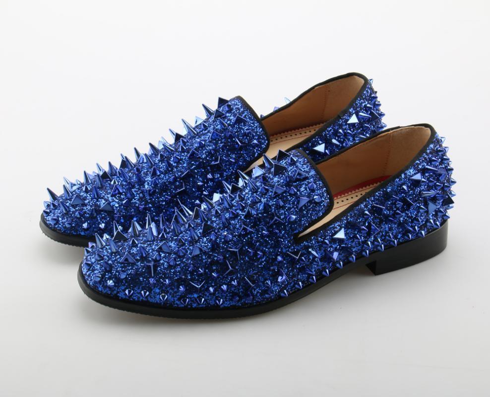 

blue mocassion spiked loafers gold dress shoes men leather rivets slip on wedding designer shoes zapatos hombre vestir brogues1