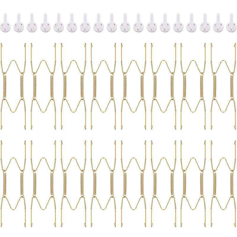 

New 16 Pieces 6 Inch Invisible Plate Hangers Wall Plate Hangers Brass Wire Holders with 18 Pieces Wall Hooks for 5 to 7 In