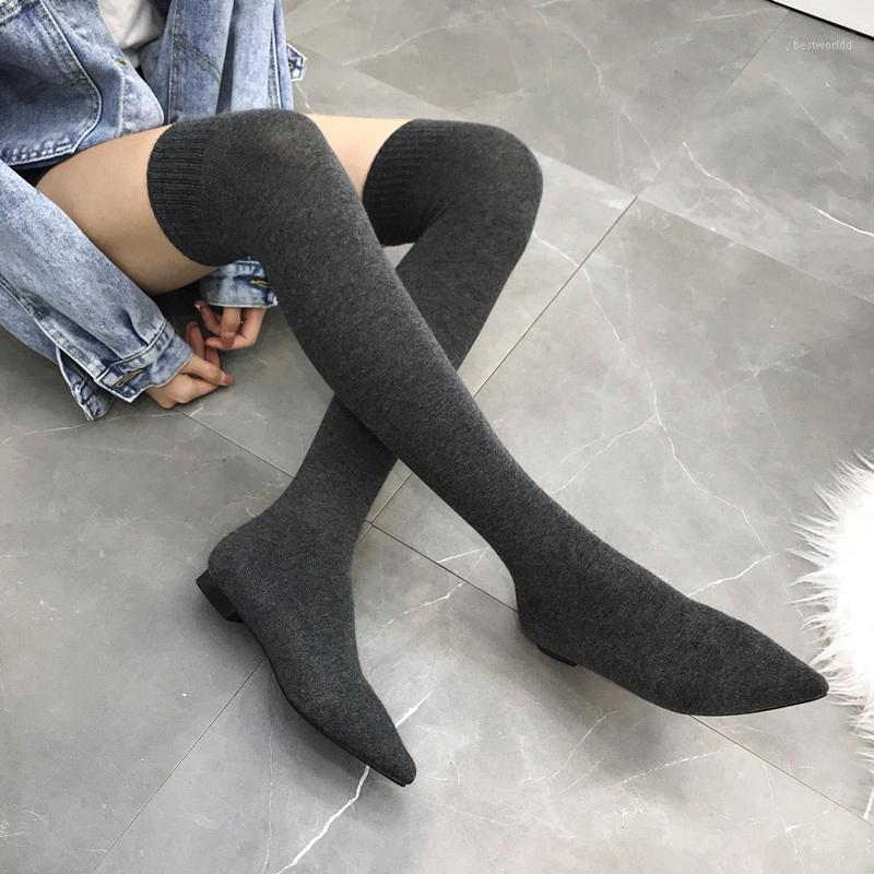 

Flat Boots Stretch Fabrics Women's Over The Knee Boots Pointed Toe 2 Colors Knitting Thread SONDR Spring Winter Woman Shoes1, Black