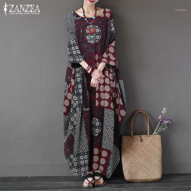 

Printed Maxi Dress Womens Sundress 2020 ZANZEA Plus Size Linen Dress Summer Long Sleeve Long Tunic Vestiso Casual Party Robe1, White