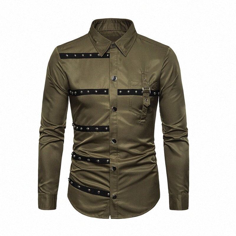 Chemise pour hommes Bouton de couleur solide non-imprimante Collier Collier Daily Club à manches longues Tops Basic Punk Gothic Black Wine Army A