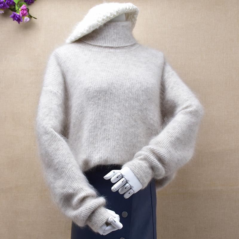 

High quality women fashion real hairy fluffy angora wool mohair knitting basic loose turtleneck pullover sweater spring winter, Body65cm chest110cm