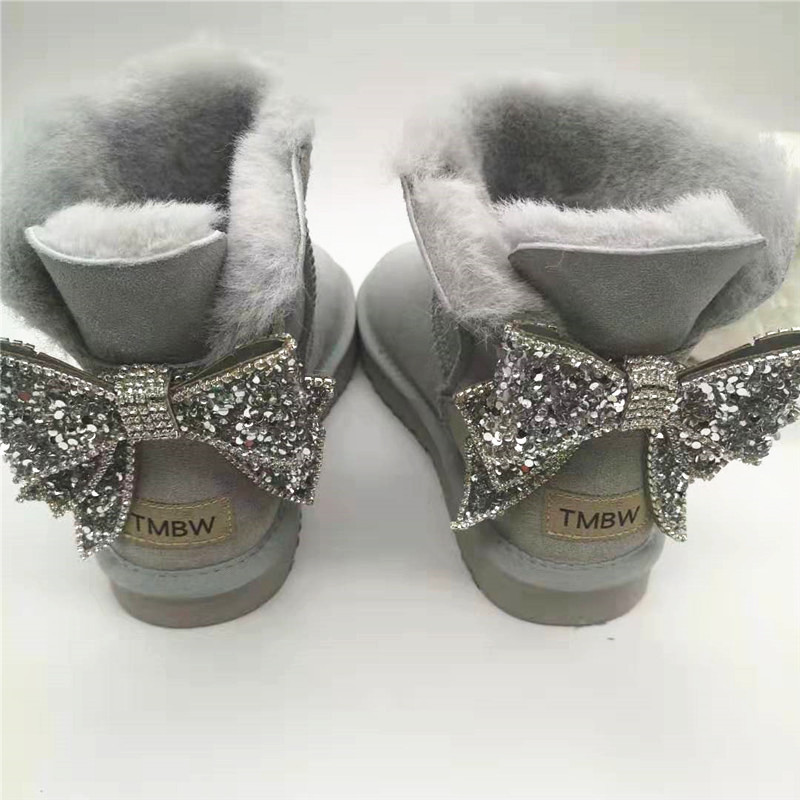 

Blinging bowknot 2020 nice 100% genuno couro carneiro mulher neve pele natural femininas l quente botas de, Black