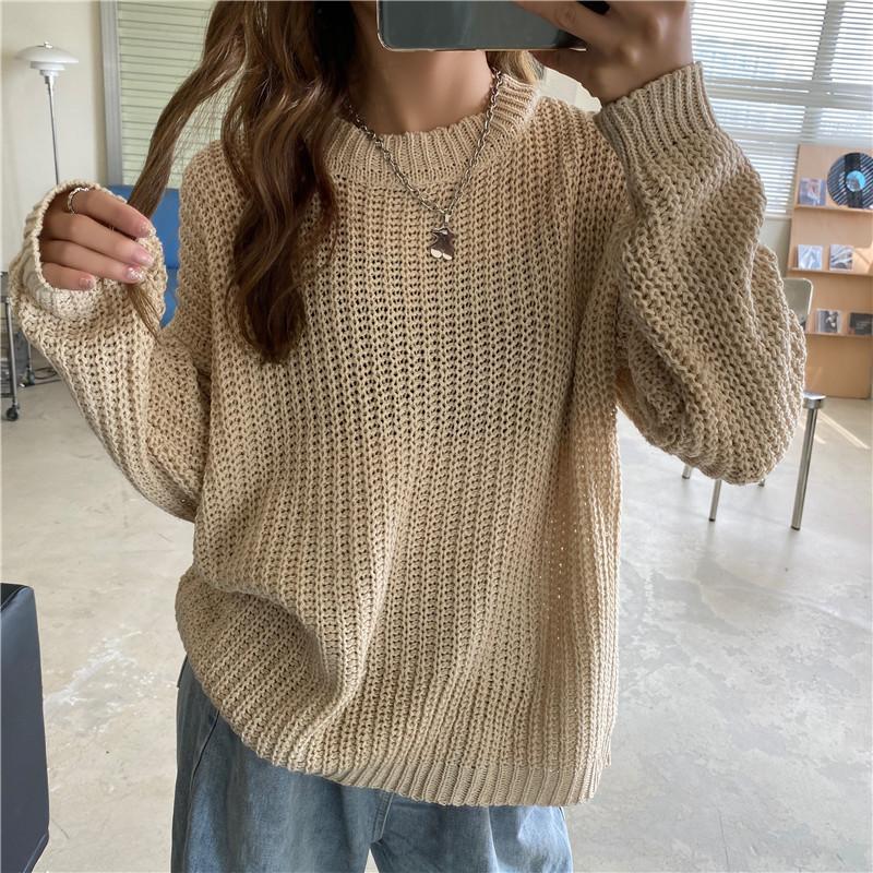 

2020 Casual Autumn Oversized Sweater Women Loose Solid Knitted Pullovers Long Sleeve O-Neck Korean Female, Army green