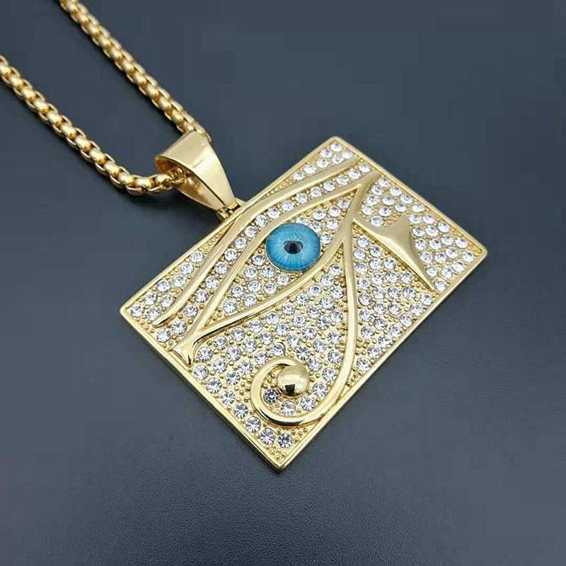 

Hip Hop Rock Full Rhinestone Eye of Horus Bling Square Pendant Necklace Iced Out Dog Tag Men Gold Stainless Steel Rapper Jewelry