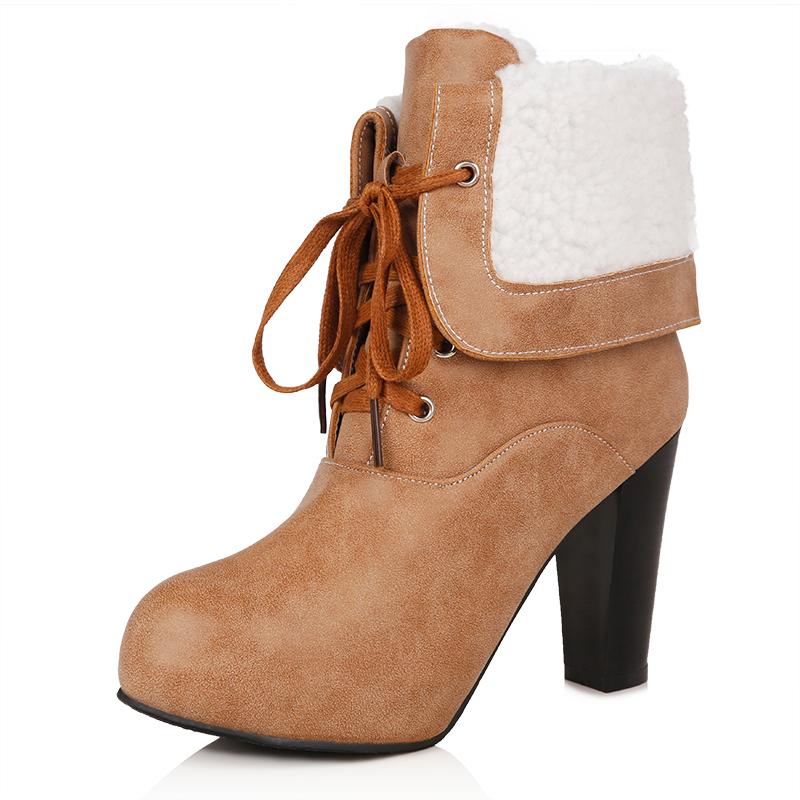 

Hot Selling Women Ankle Boots Elegant Lace UP Short Plush Square Heels Boots Concise Shoes Woman US Size 4-10.5, T733