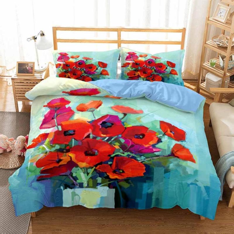

Flower Bed Linens Blooming Poppies Bedding Set Fashion Bedclothes Duvet Cover 2/3pcs Pillowcase Queen King Size No Sheet, As picture