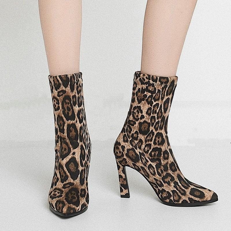 

Leopard Print Ankle Boots Women Block High Heel Sock Boots Ladies Sexy Pointed Toe Party Short Winter Faux Suede1, Dark grey