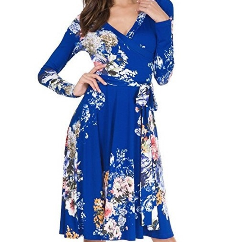 

Top Plus Size Fashion New Arrival Zanzea Vestidos Mujer Roupas Algodo V Chumbo Calaza Nmero Impresso Vestido de Manga Longa P57N, Tibet blue