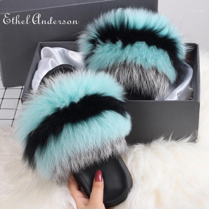 

Fur Slippers Real Fur Raccon Sandals Furry 2020 New Hot Sale multicoloured Slides Female Indoor Flip Flop For Young Lady1, Black fur