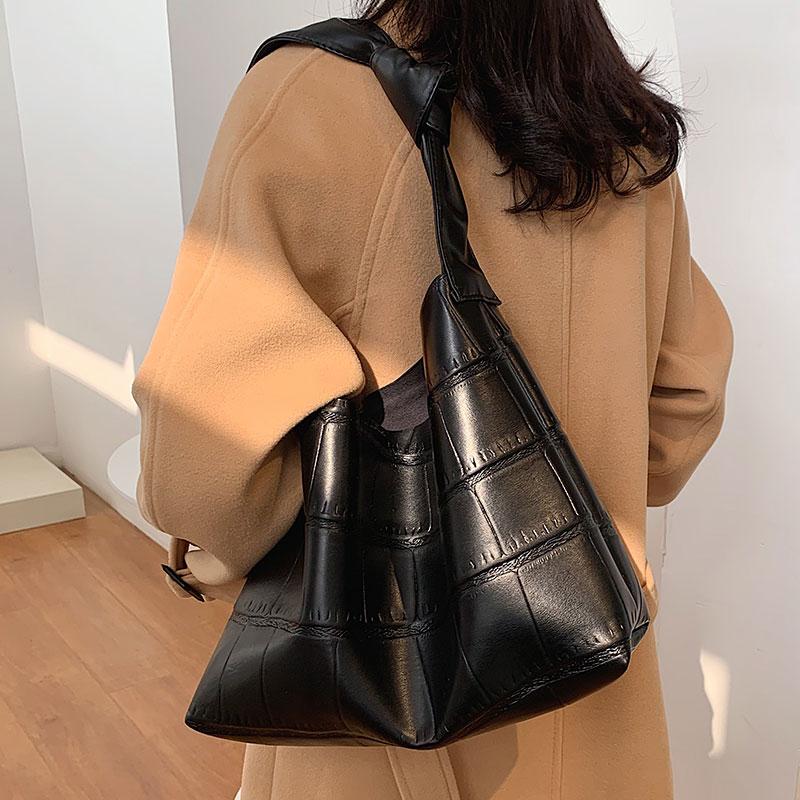 

Soft Leather Large Capacity Shoulder Bag 2021 Trendy Stone Pattern Underarm Bag Designer Handbag Luxury Bolsa De Hombro, Black