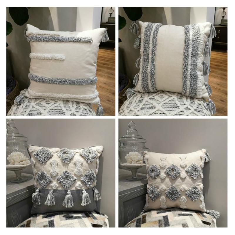

45x45cm/30x50cm Tassels Handmade Neutral Decoration Tuft Pillow Cover Moroccan Style Cushion Cover For Sofa Bed Diamond Stripe, C 45x45cm