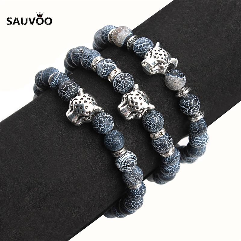 

Sauvoo Men Women Crack Blue 8mm Beads Bracelets Elastic Beaded Strand Carve Leopard Head Charms Bracelet Male Punk Jewelry Gifts