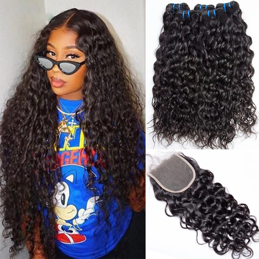 

7A Malaysian Water Wave 3 Bundles with Closure Human Hair Bundles with Closures 4X4 Closure Non Remy Hair Weave Modern Show Hair Extensions, Natural color
