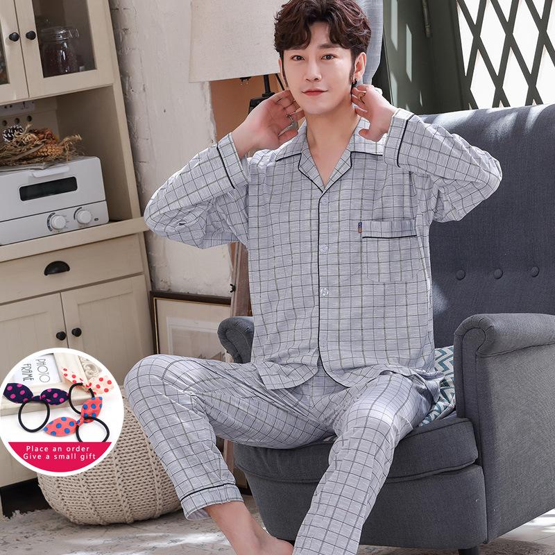 

Men's Pajamas Long Sleeve Cotton Spring and Autumn Cardigan Pajamas Men's Elegant Plus Size Household Suit Stripe Striped Plaid