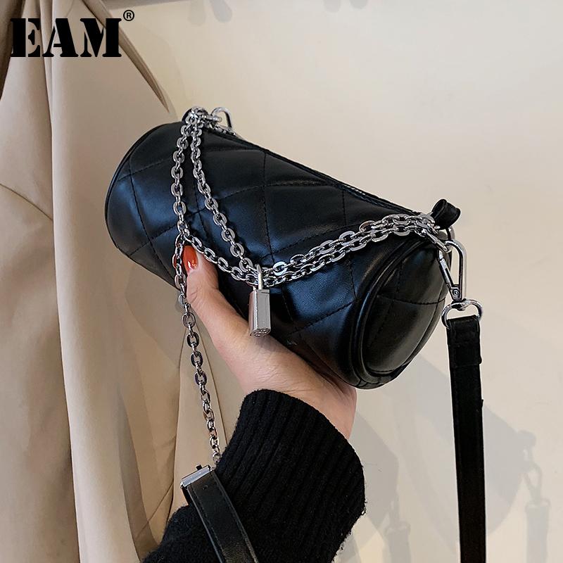 

[EAM] Women New Metal Chains Barrel-shaped PU Leather Personality All-match Crossbody Shoulder Bag Fashion Tide 2021 18A0676, Small black