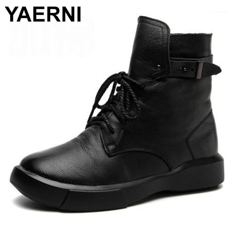 

YAERNI Genuine Leather Shoes Women Boots 2020 Autumn Winter Fashion Handmade Ankle Boots Warm Soft Outdoor Casual Flat Shoes1, Without plush black
