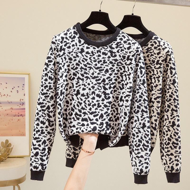 

2020 Loose Print Sweater Fashion Lady Daily Wear Korean Style Long Sleeve O Neck Pullover Leopard Knitted Shirt, Black