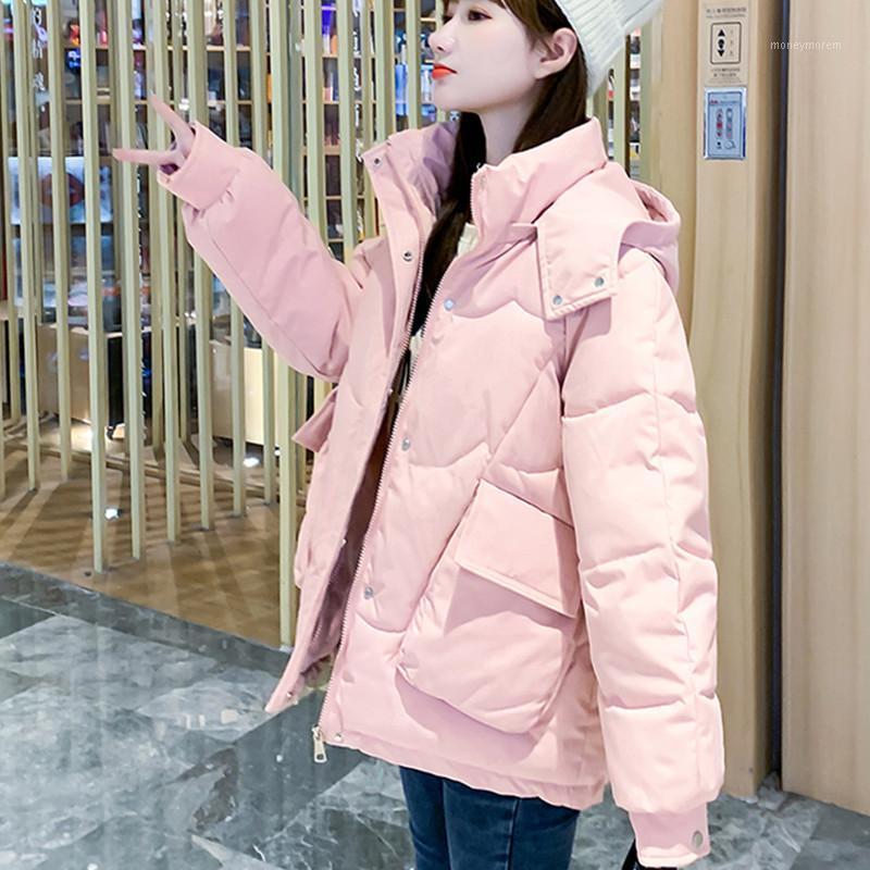 

2021New Winter Women Cotton clothes Jacket Korean Fashion Short Loose Hooded All-match Bread Service Tooling Jackets Female A1771, Black