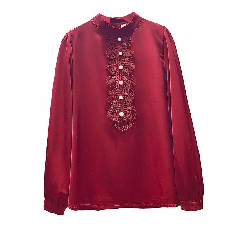 

Women Spring Autumn Style Chiffon Blouses Shirts Lady Casual Long Sleeve Stand Collar Lace Decor Blusas Tops DF0001, Red