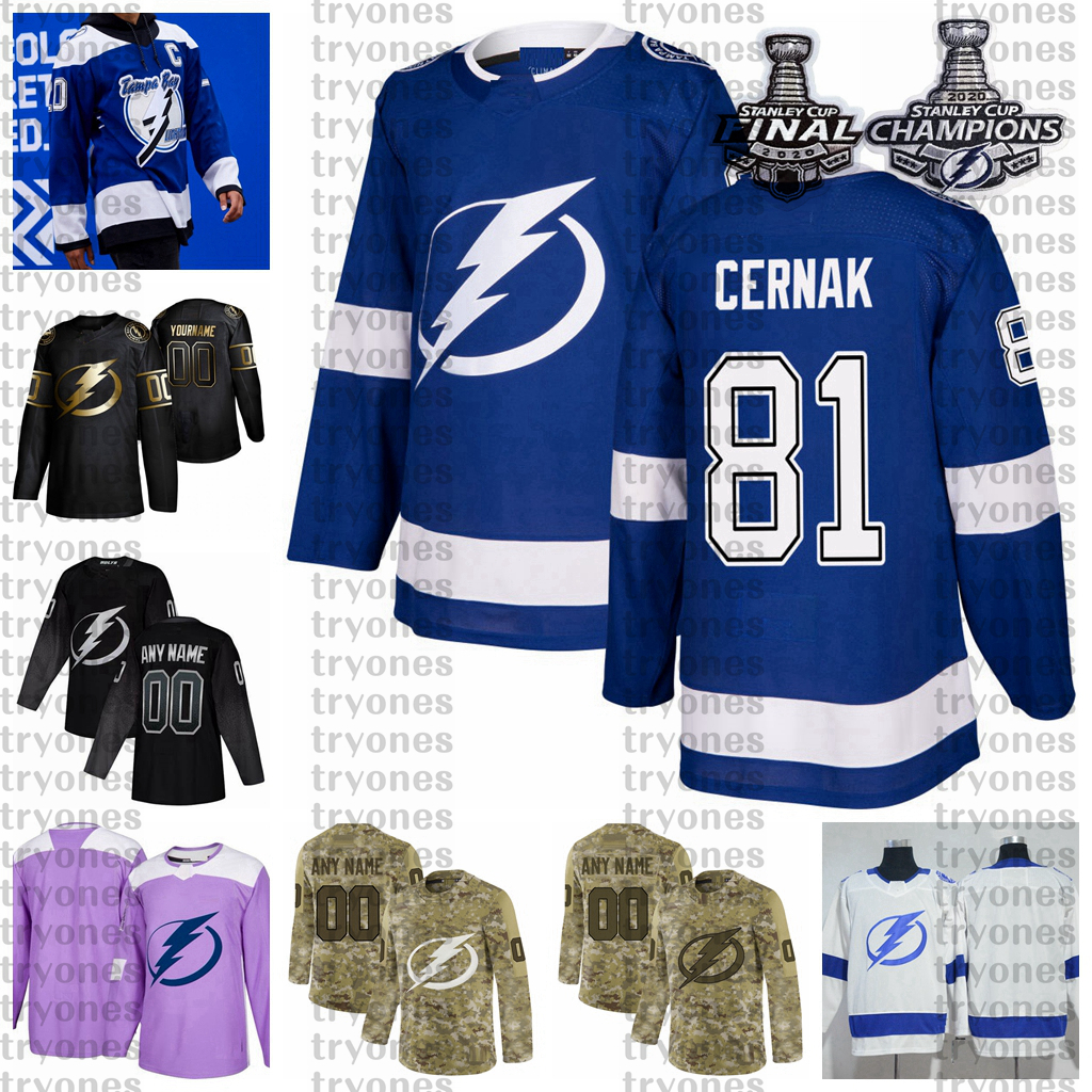 

2021 Reverse Retro Customize 81 Erik Cernak Tampa Bay Lightning Champions Hockey Jersey Golden Edition Camo Veterans Day Fights Cancer, Yellow