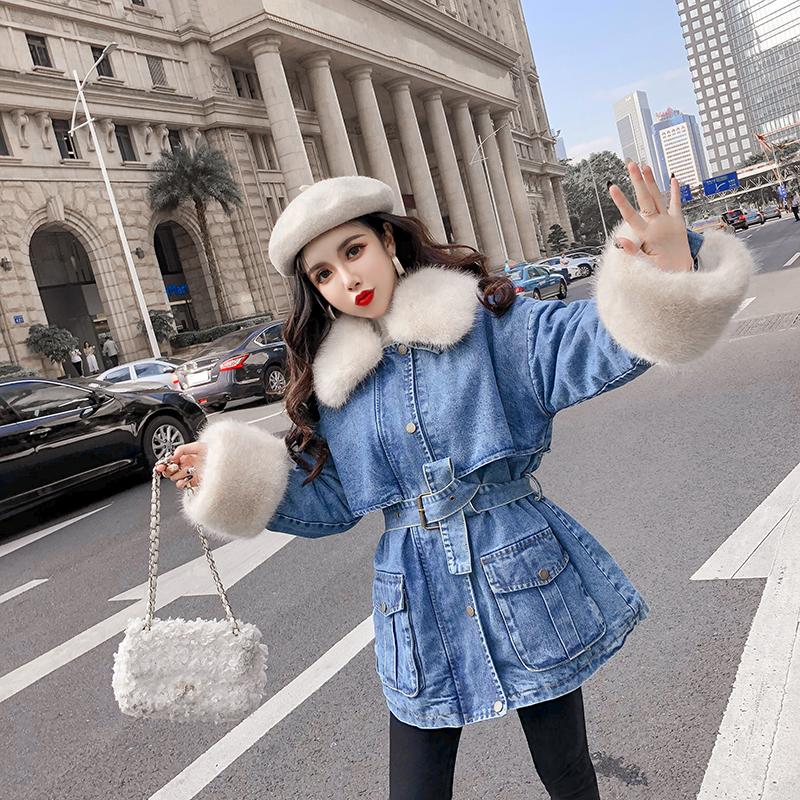 

2020 Winter New Style Very Fairy Cotton Jacket Women Plus Velvet Thick Mid Length Fur Waist Thin Denim Jacket, Blue