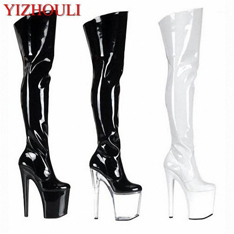 

20cm Ultra High Heels Boots Barreled Platform Japanned Leather 6 Inch Performance Shoes Plus Size Thigh High Boots For Women1, Black