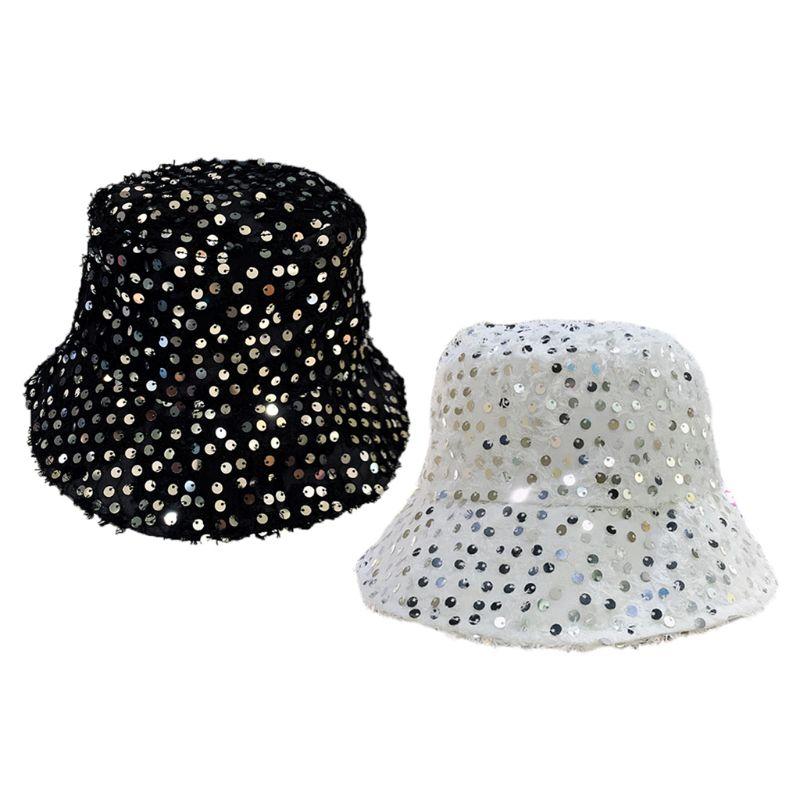 

Women Summer Sunscreen Bucket Hat Glitter Sequins Feather Tassels Wide Brim Breathable Packable Beach Fisherman Cap, Black