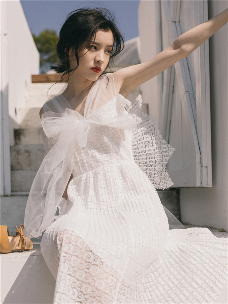 

2021 New Super Fairy Lasso Voile Female Thai Summer Phuket Without Back Sleeveless Bowite Beach Holiday Retro Fine Long Dress GCH0, White