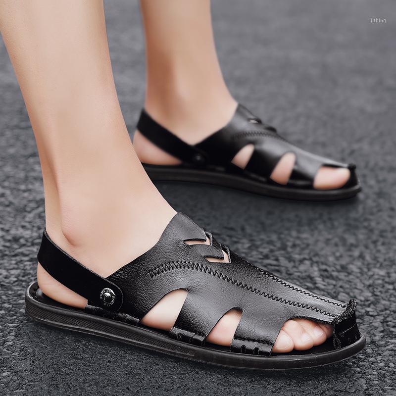 

Men's Summer Sandals Genuine leather comfortable outdoor slip-on casual beach sandals fashion Men slippers zapatillas hombre1, Black