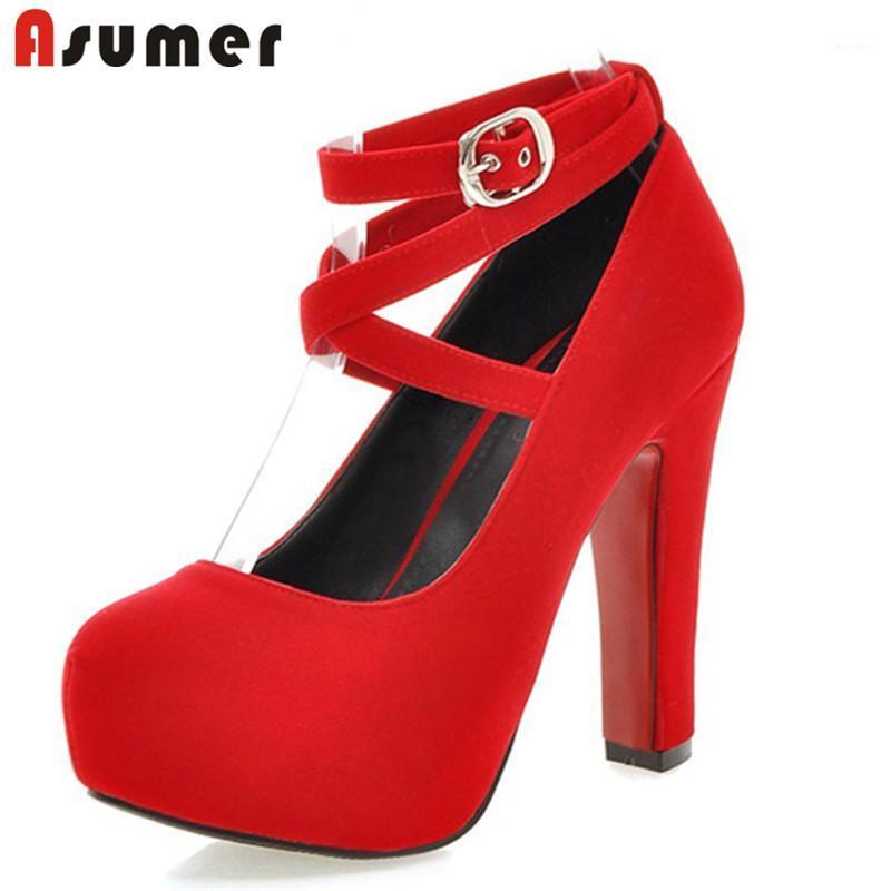 

ASUMER 2021 big size 33-43 party wedding shoes ladies high heels platform shoes round toe buckle flock single woman pumps1, Black