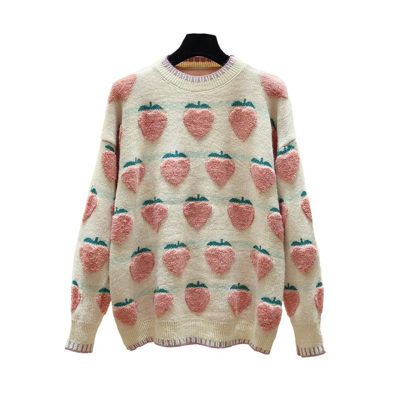 

autumn winter thick strawberry kint sweater 2020 fashion print long sleeve o neck kint oversized jumper pullover female sweaters, Apricot