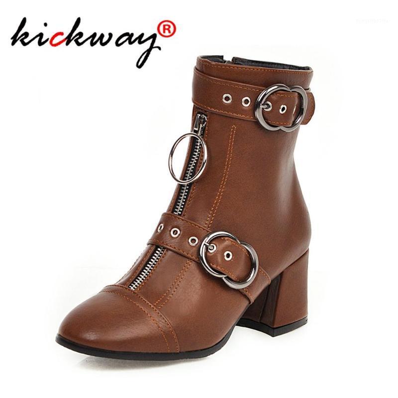 

Boots Women Buckle PU Shoes Women Short Punk Boots Square Heels Fashion Square Toe Ankle All Match Breathable Large Size 14 481, Black