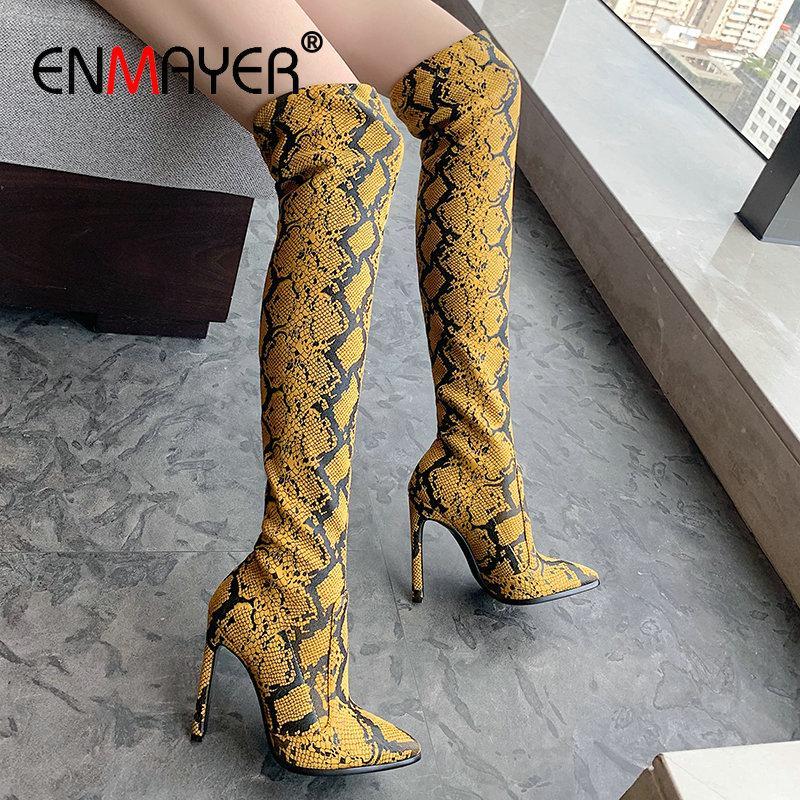 

ENMAYER 2020 Slip-On Pointed Toe Animal Prints Faux Suede Slim Boots Over The Knee Boots Thin Heel Winter Shoes Women Size 34-431, Beige