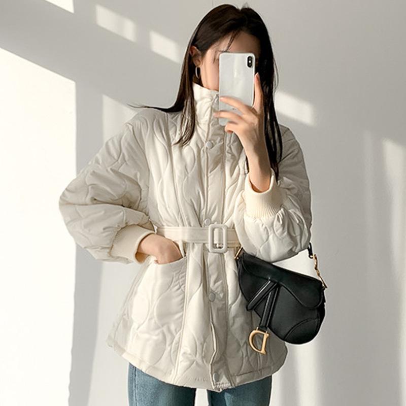 

EWQ] 2020 Winter Thickened Minimalist Stand Collar Long-sleeved Women Jackets Solid Color Cotton Padded Clothes With Belt 8Q493, Black