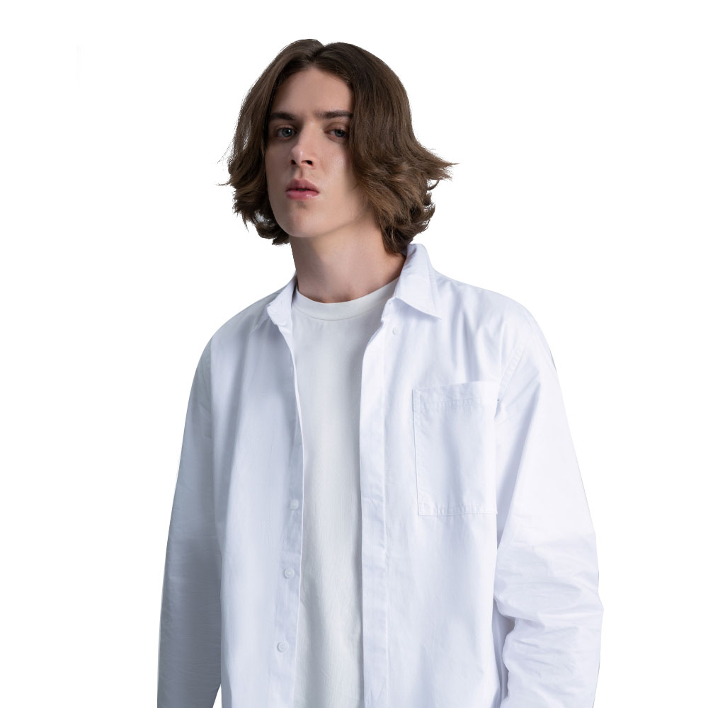 

White cotton silhouette long sleeve pocket embroidered American casual shirt Youth pop Pure white shirt loose daily