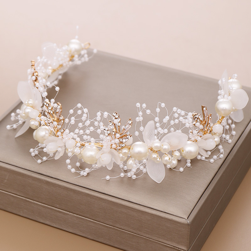 

Gold Flower Pearl Headband Tiara Crown Wedding Bridal Princess Headbands Hair Jewelry Crystal Accessories Bride Headdress Headpiece AL7856