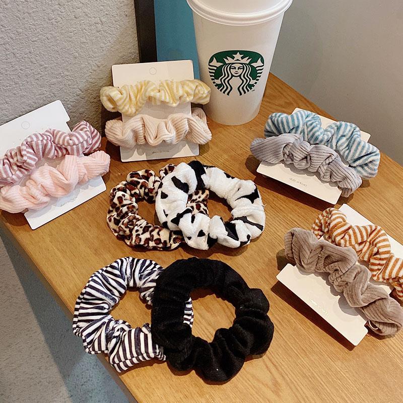 

2PCS/Set New Women Girls Elegant Striped Plush Scrunchie Sweet Rubber Band Ponytail Holder Headband Fashion Hair Accessories