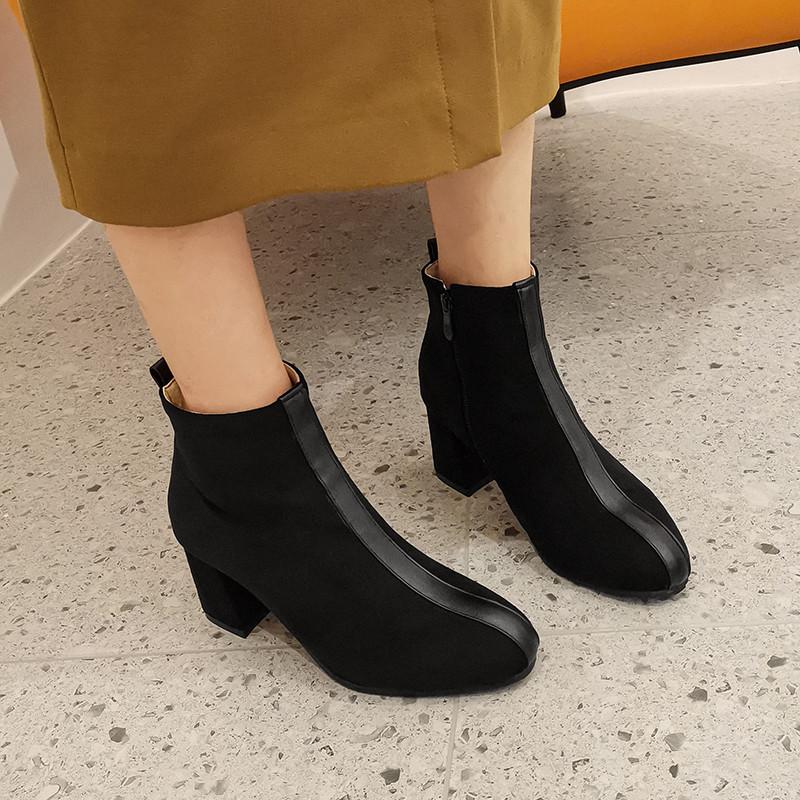 

ochanmeb Flock Boots Women High Heels Thick Ankle Booties Female Zip Shoes Ladies Round Toe Shoes Plus Size 12 Winter 2020 New, Nude