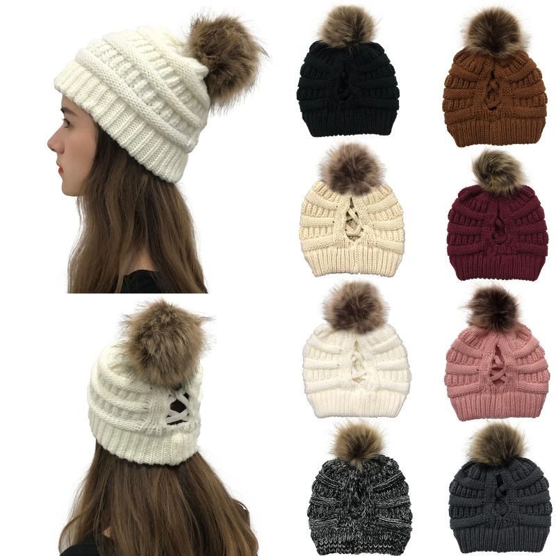 

New Fashion Woman Winter Warm Hat Knit Thick Padded Pompom Hat Cashmere Beanies Opening Accessories, 02