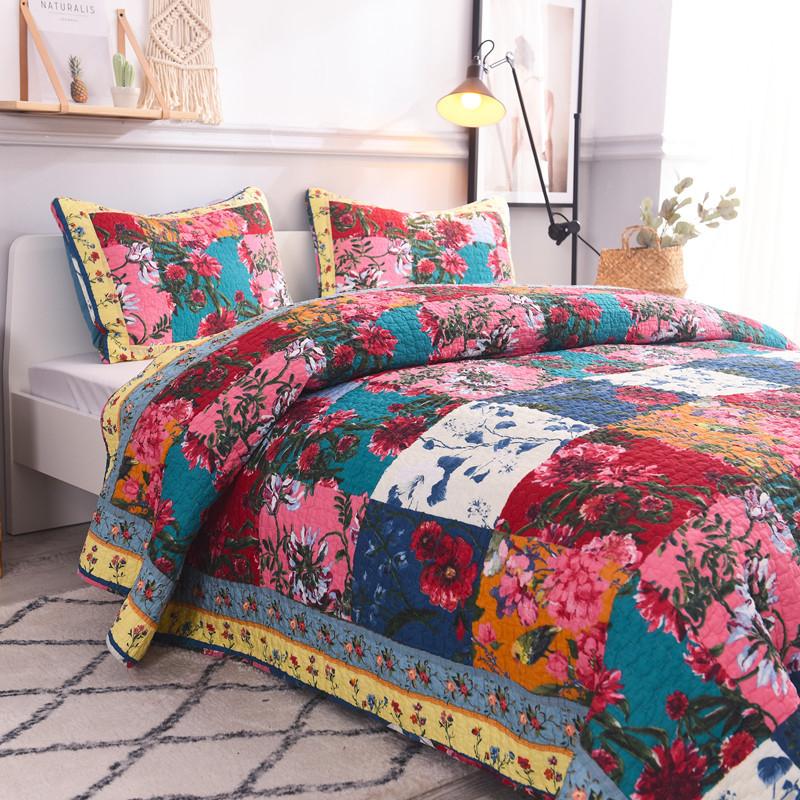 

American Flowers Printed Quilt Set 3PCS Bedspread Quilted Cotton Quilts Blanket Bed Covers Shams  Queen Size Coverlets, Blue