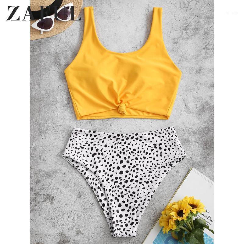 

ZAFUL Knot Dalmatian Print Tankini Swimsuit Leopard Dot Mix And Match Shoulder Strap Suit High Waisted Removable Padded Swimsuit1