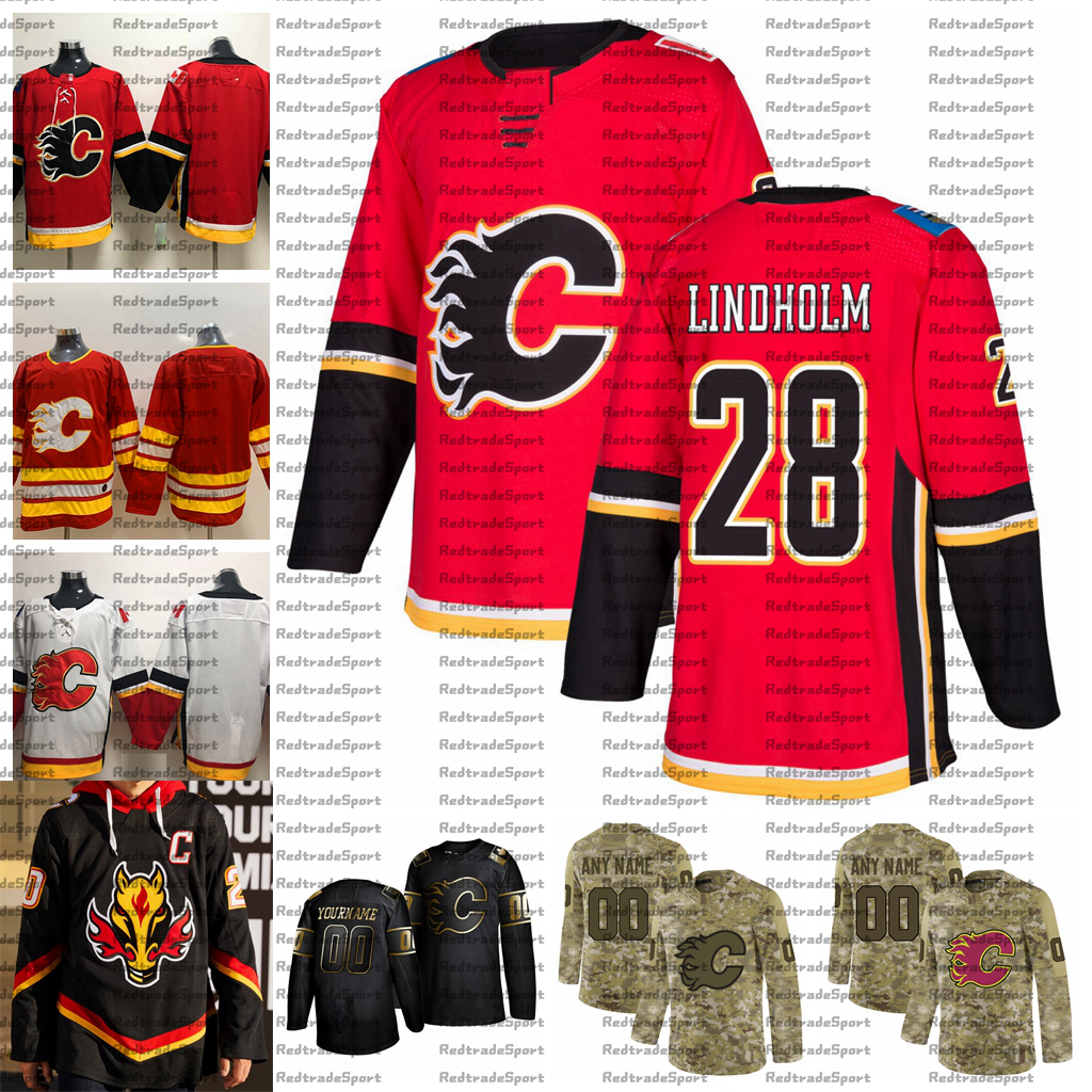 

2021 Reverse Retro Customize #28 Elias Lindholm Calgary Flames Jerseys Golden Edition Camo Veterans Day Fights Cancer Hockey Jersey, Gold
