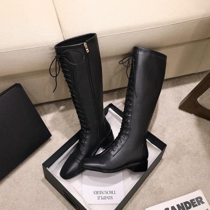 

new arrival winter women shoes Knee-high boots women boots Motorcycle Female lace-up leather snow Size 34-481, Black