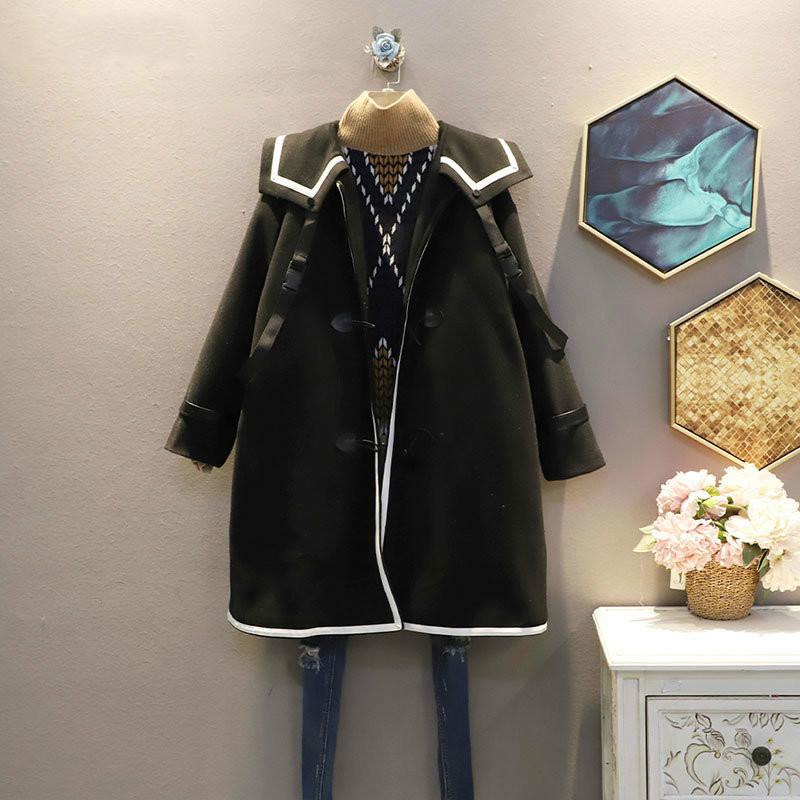 

New Patchwork Black Women Blend Winter Fashion Horn Button Simplicity Turn-down Collar Loose Casual All-match C728