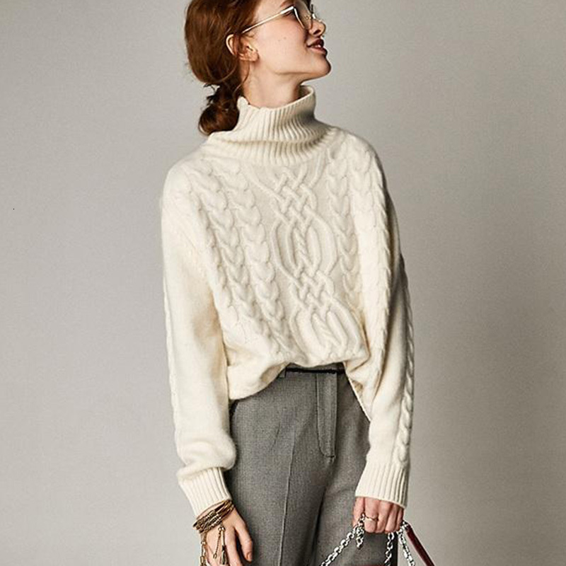 

2021 New 100% Cashmere and Wool Knit Jumpers Women Loose Winter & Autumn Thick Warm Sweater Ladies Turtleneck Pullover Female Clothes 3b5z, White