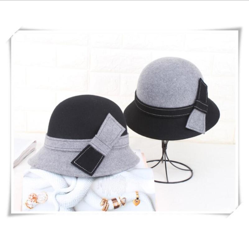 

100% Wool Strip Decoration Bucket Hat Various Winter Hat High Quality Beautiful Comfortable Round 2020 Solid Hats For Women, Grey-black