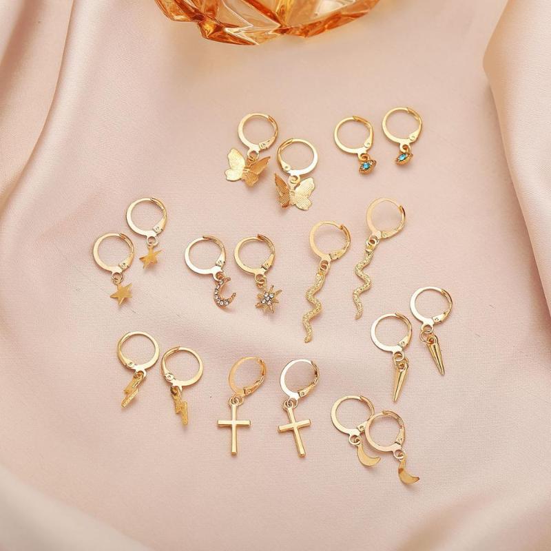 

9 pairs/Lot Mixed Styles Star Moon Butterfly Cross Stud Earrings Set For Women Girl Bohemia Small Cute Piercing Earring Jewelry
