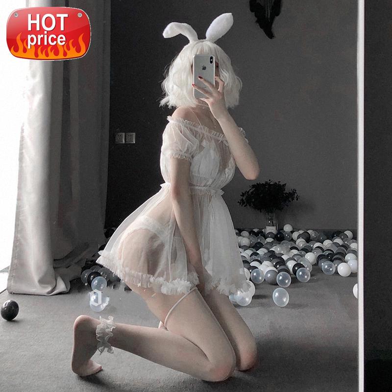 

Kawaii Cute Princess Nightwear One-word Shoulder Sexy Tulle Seductive Perspective Sleeping Dress Womens Nightgown Sleepwear Set #iS37, Black;white