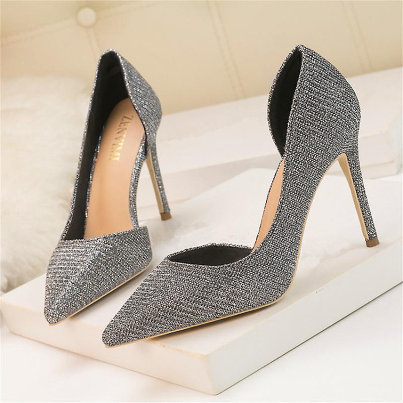 

New Women Pumps Black Fashion Sequined Cloth Autumn Pointed Single Shoes Sexy High Heels Woman Party Shoes Shallow Zapatos Mujer